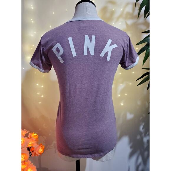 PINK Victoria's Secret Spellout Embroidered Logo Ringer T-Shirt Women's XS Top - Picture 1 of 7